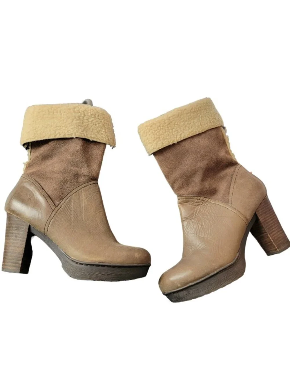 Nicole Platform Suede Boots 7.5 Brown Sherpa Leather Shoes Heel Mid Calf Women M